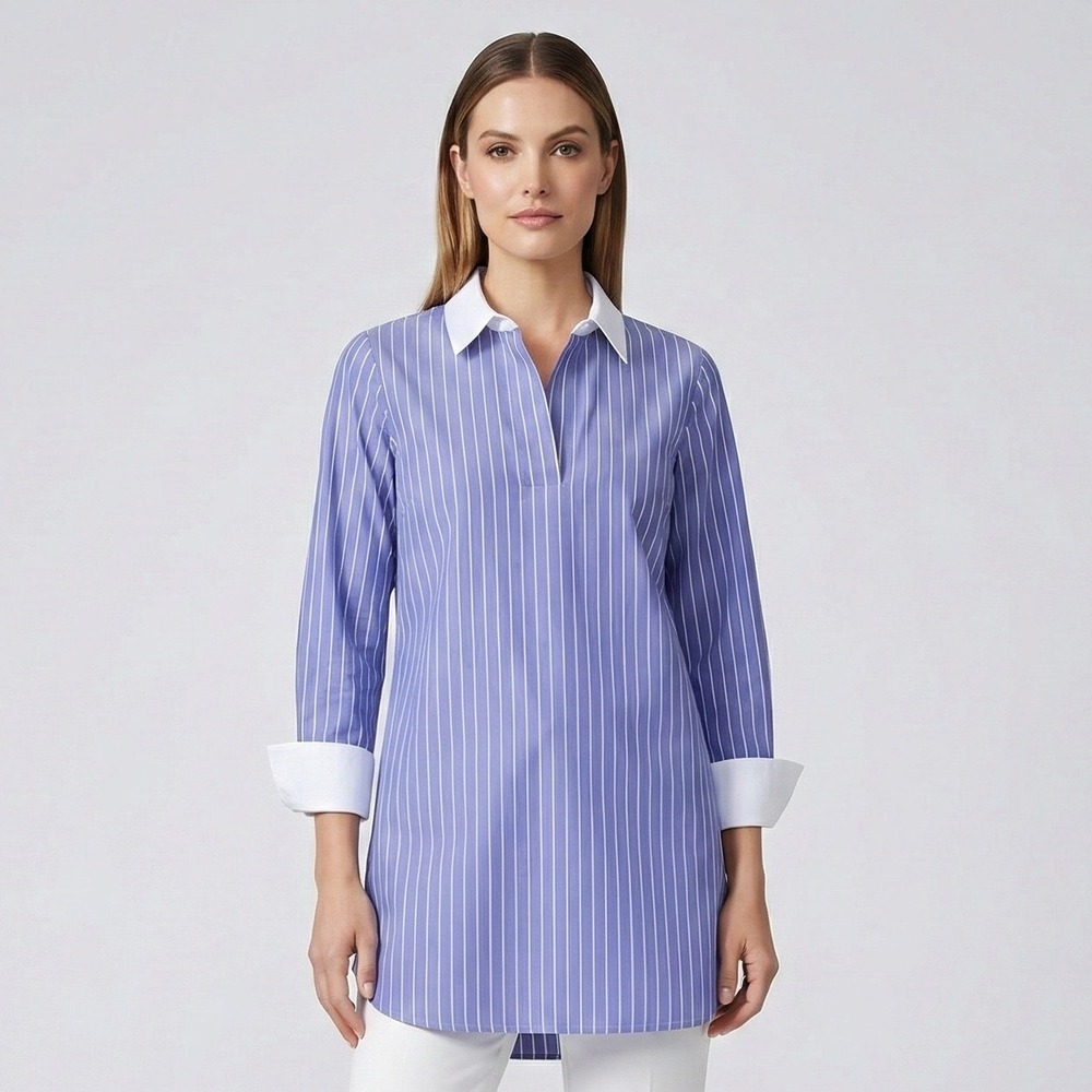 Chicos No Iron Coolmax All Season Striped Button Down Shirt Tunic 0 Small Office
